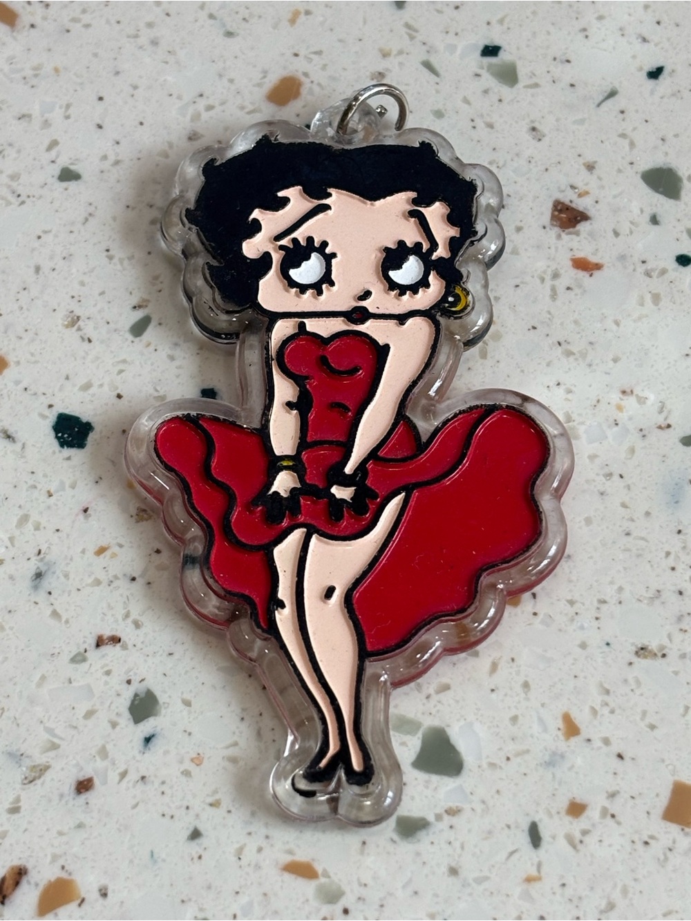 Betty Boop Black Hair Red Dress Acrylic Charm Keychain Vintage